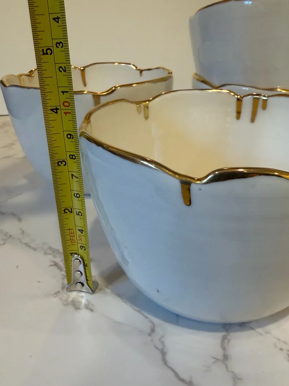 Set of 4 White Porcelain Bowls Gold Trim Organic Wavy Edge NWT